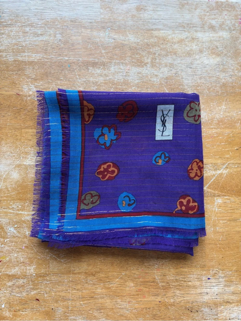Yves Saint Laurent Purple Floral Logo Wool-Blend Scarf
